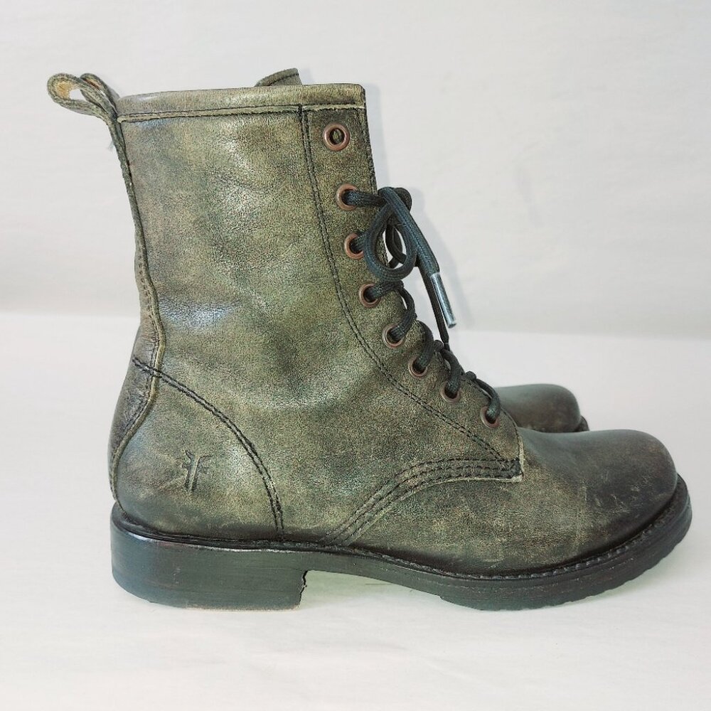 Frye Gypsy Laceup Veronica Combat Boots 6 B Green Burnished Leather Mid-Calf - Picture 2 of 12